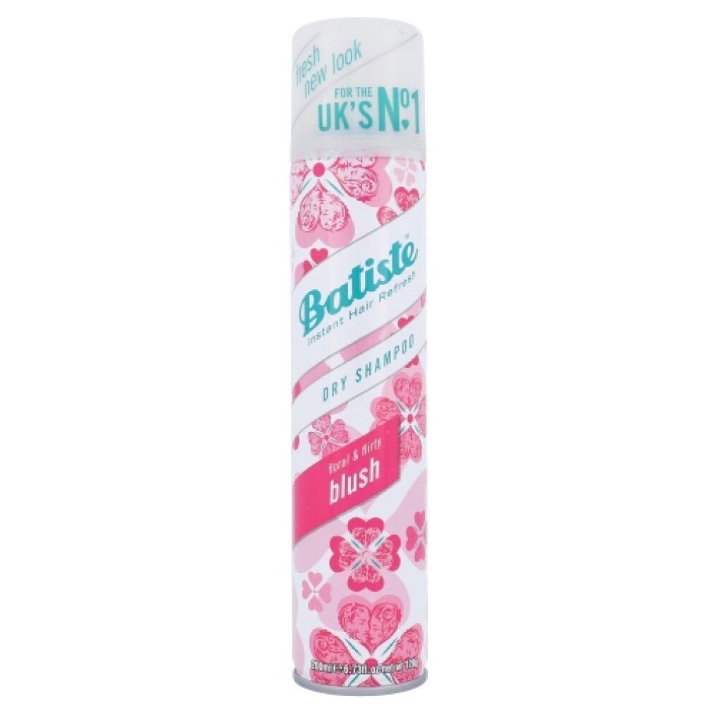 Bomboletta spray di shampoo secco con motivo a cuori e fiori rosa. Tappo bianco. Scritta: Batiste, Blush, shampoo secco.