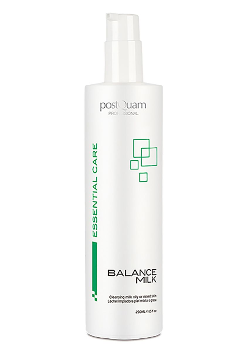 Flacone bianco con dosatore. Scritta: Postquam, Essential Care, Balance Milk. Testo: Latte detergente per pelli miste. Accenti verdi.