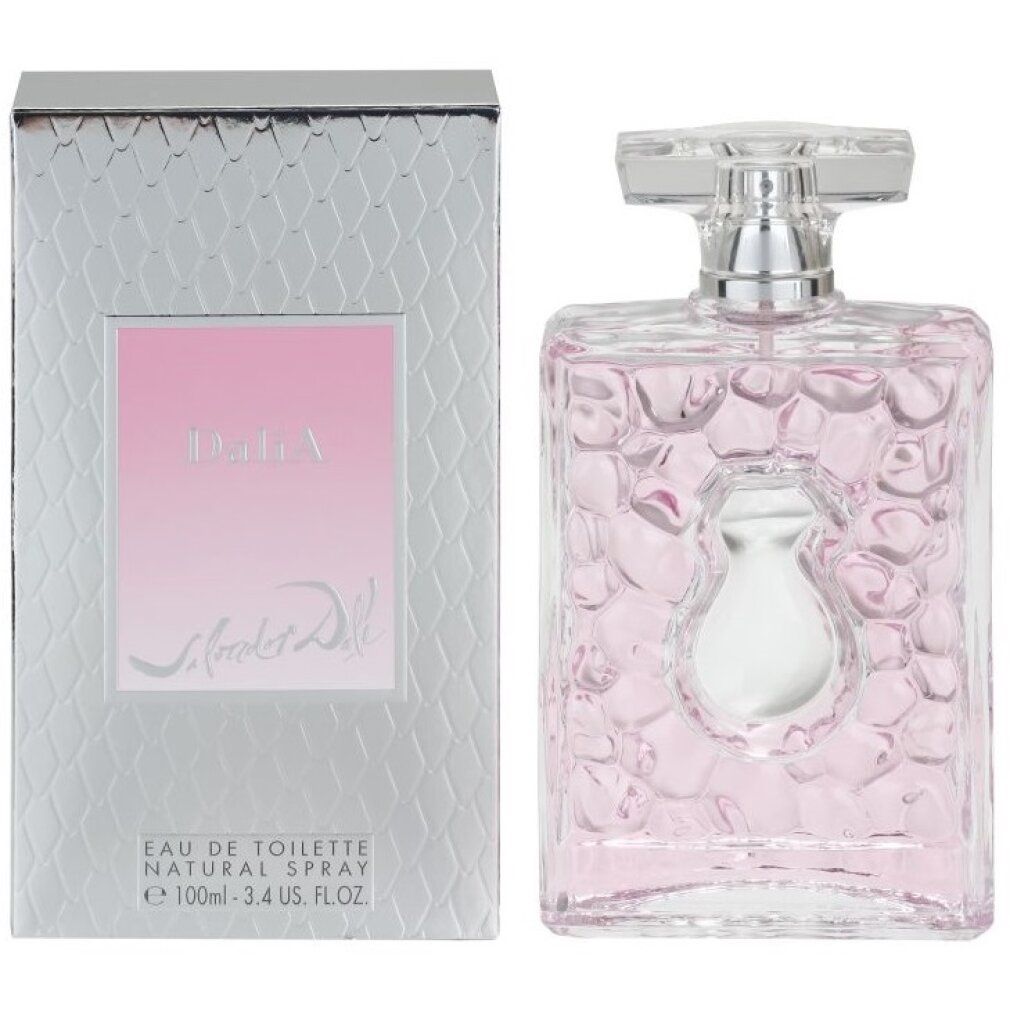 Flacone rosa e confezione. Flacone con tappo argentato. Confezione con nome e logo del prodotto. Dali dalia etv.