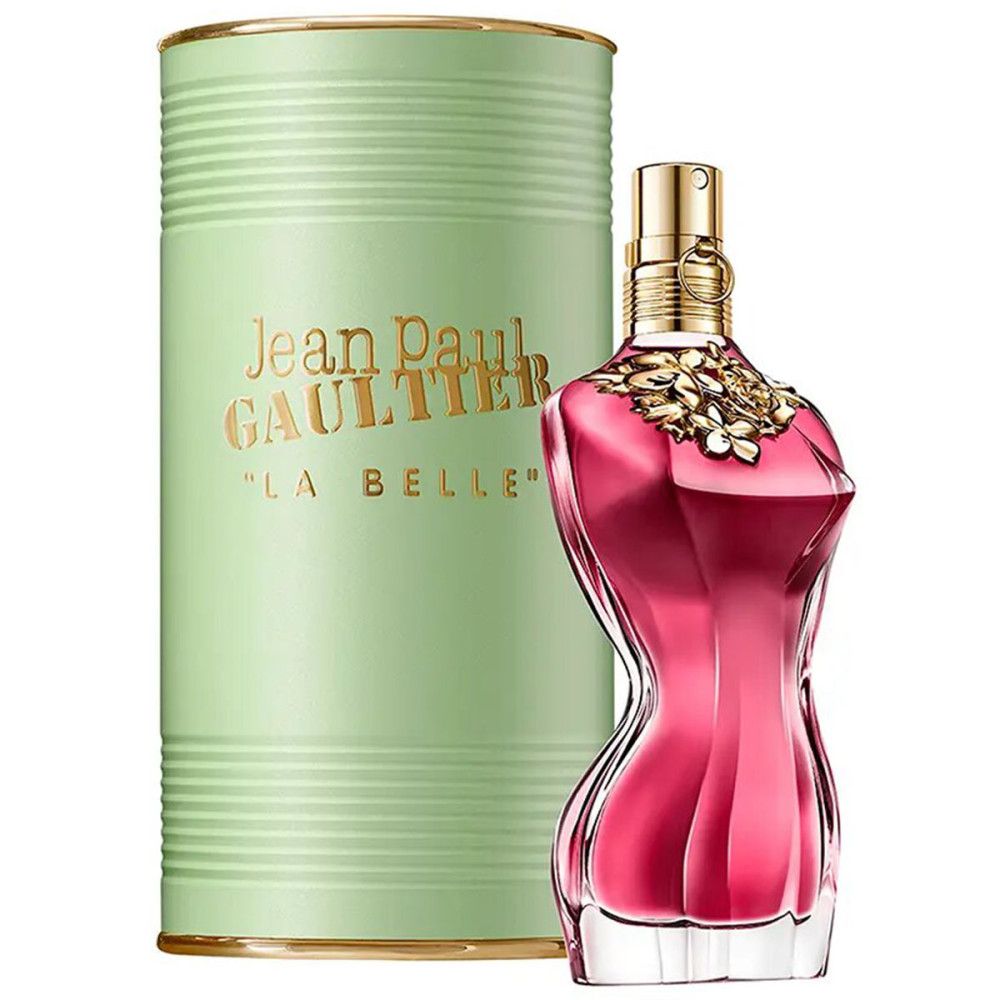 Jean Paul Gaultier La Belle Eau de Parfum Spray. Flacone a forma di corpo femminile, liquido rosa, scatola verde con logo.