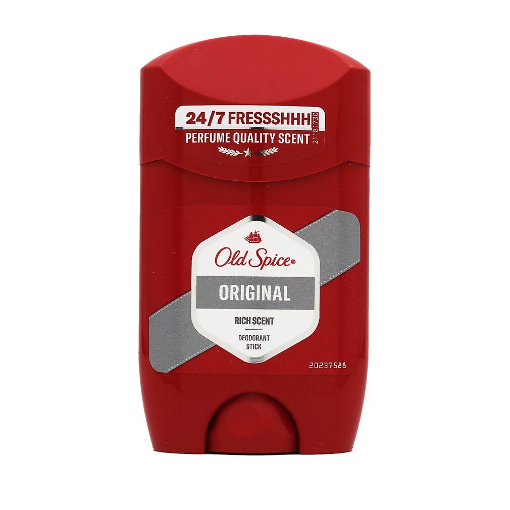 Stick deodorante rosso con etichetta bianca. Scritta: Old Spice Original, Rich Scent, Deodorant Stick. Sopra: Freschezza 24/7.