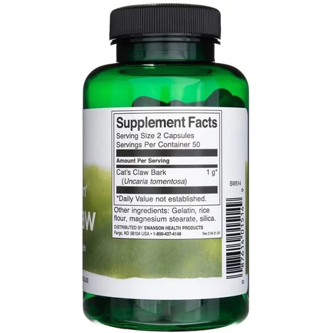 Retro di flacone verde. Etichetta con informazioni nutrizionali. Contiene uncaria tomentosa, gelatina, farina di riso, magnesio stearato, silice.