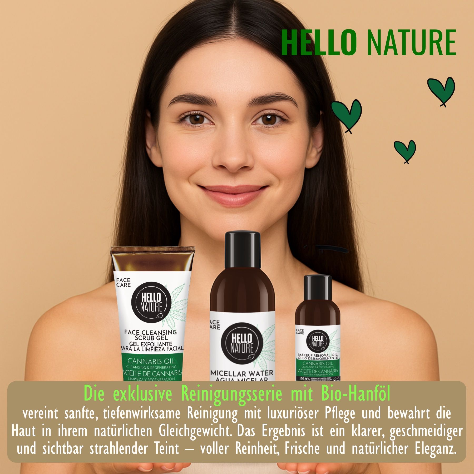 Donna con tre prodotti Hello Nature. Acqua micellare, scrub viso e struccante. Sigillo biologico.