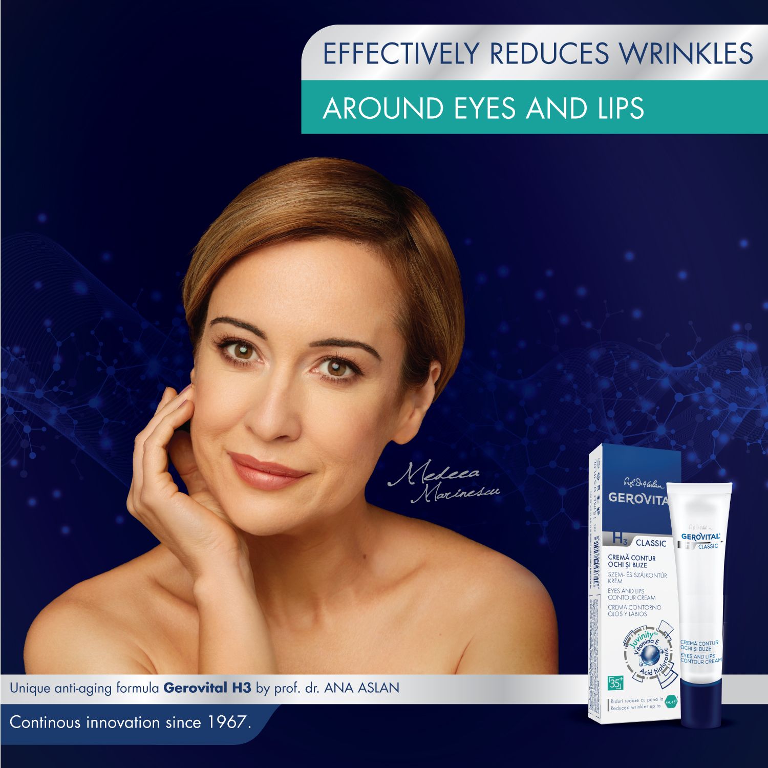 Donna con crema contorno occhi e labbra Gerovital e confezione. Confezione blu. Testo: Riduzione delle rughe.
