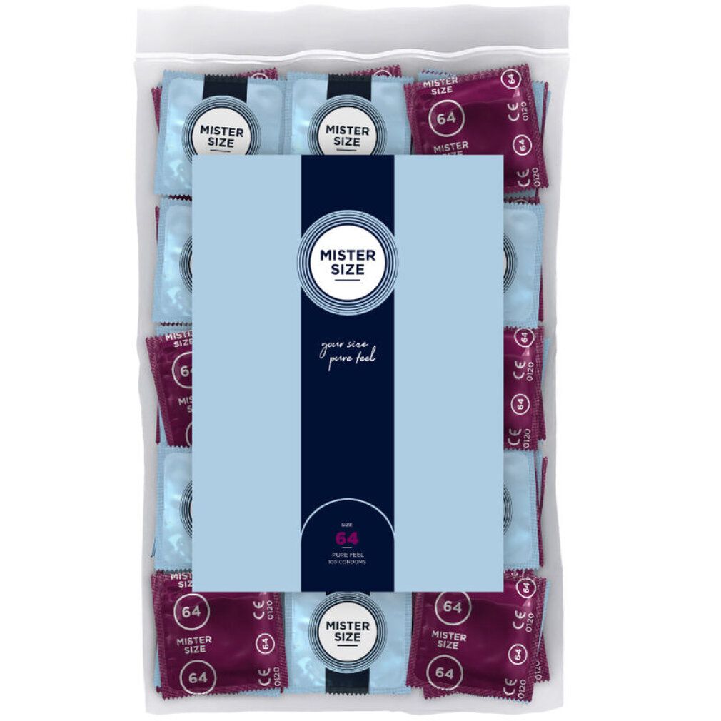 Confezione di preservativi. Confezioni singole blu e viola. Scritta: Mister Size, 64.