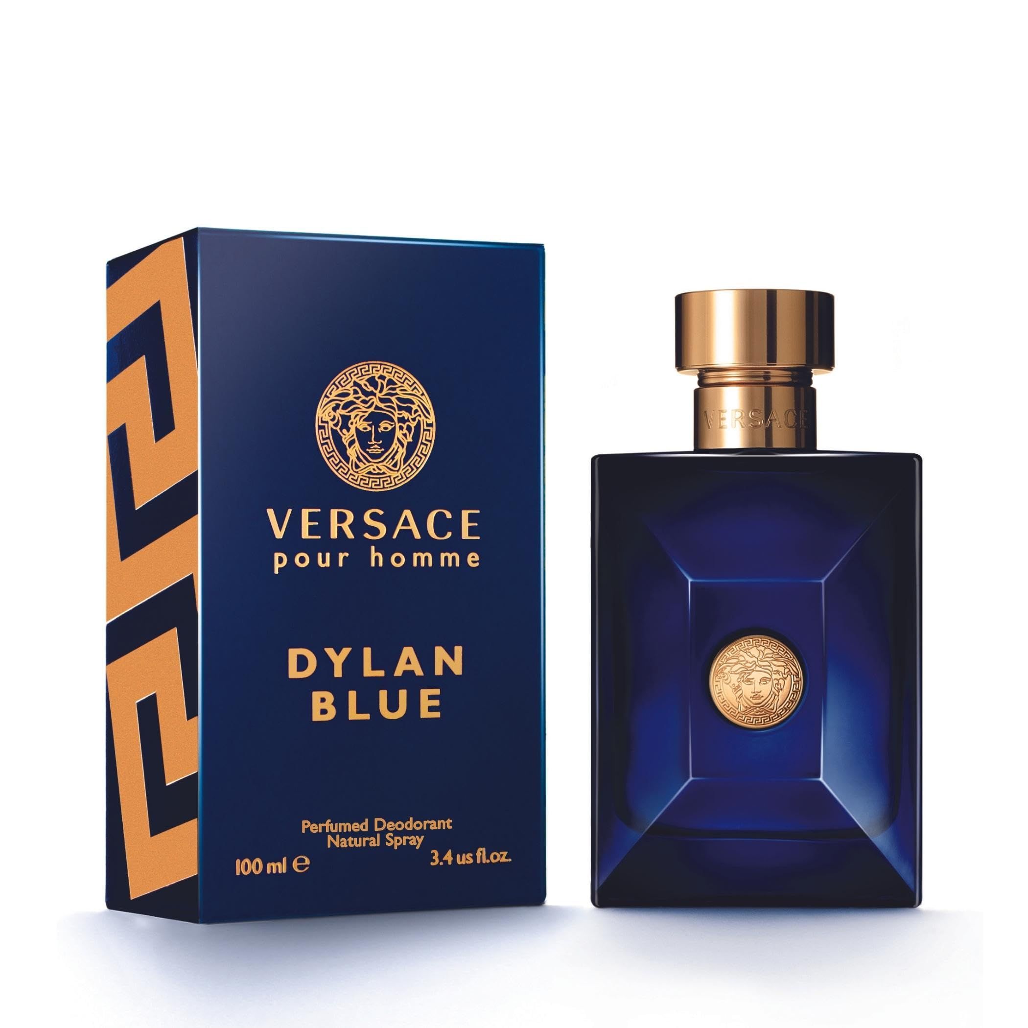 Versace Pour Homme Dylan Blue Deo Vapo. Flacone e confezione. Blu, oro, logo Medusa.