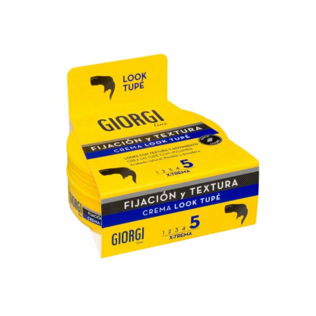 Confezione gialla Giorgi Line Fixation And Texture Cream Look Toupee n5. Testo: "Fijación y Textura", "5 X-TREMA".
