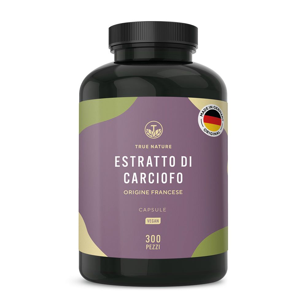 Flacone scuro con etichetta. Testo: Estratto di Carciofo, Origine Francese, Capsule, 300 Pezzi.