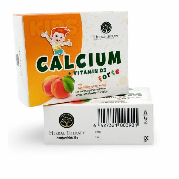 Due confezioni del prodotto. Scritta CALCIO + VITAMINA D3 forte, gusto albicocca. Marchio Herbal Therapy. Marchio CE.