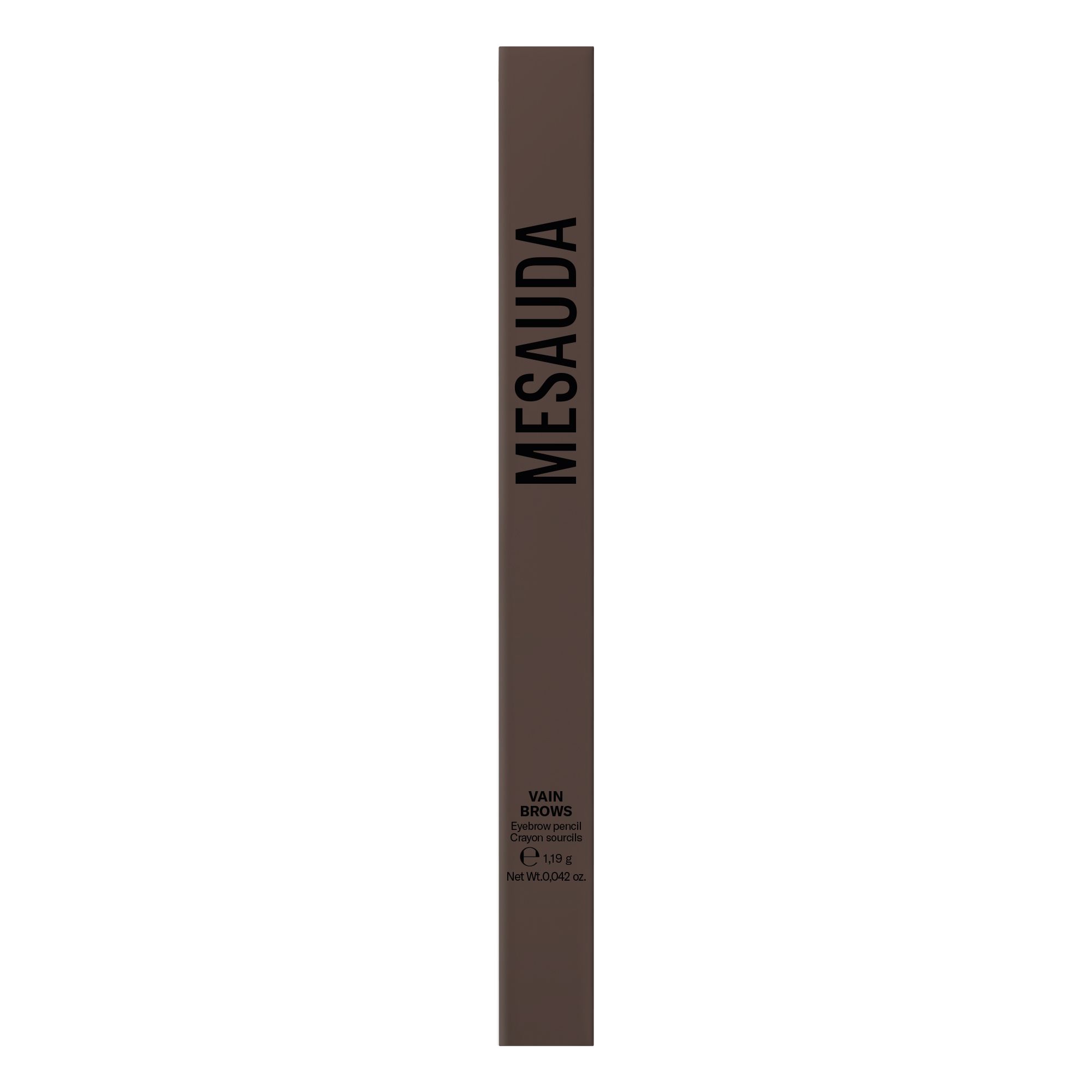 Matita sopracciglia Mesauda marrone con applicatore e scritta 'Vain Browns'.