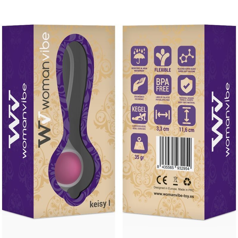 Confezione di Womanvibe Keisy I. Scatola viola con immagine del prodotto. Scritte: Womanvibe, Keisy I. Retro con simboli e dimensioni.