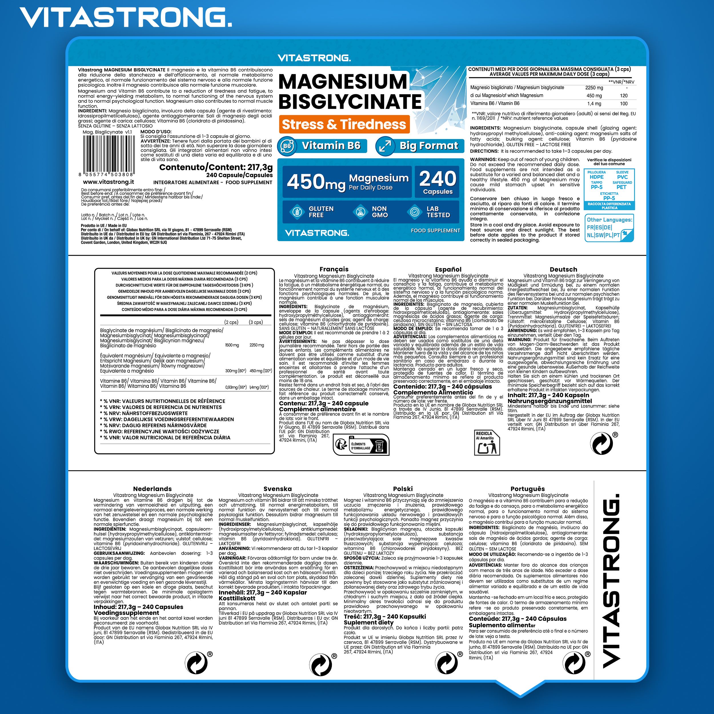 Retro della confezione Vitastrong Magnesiumbisglycinate. Contiene informazioni in diverse lingue.