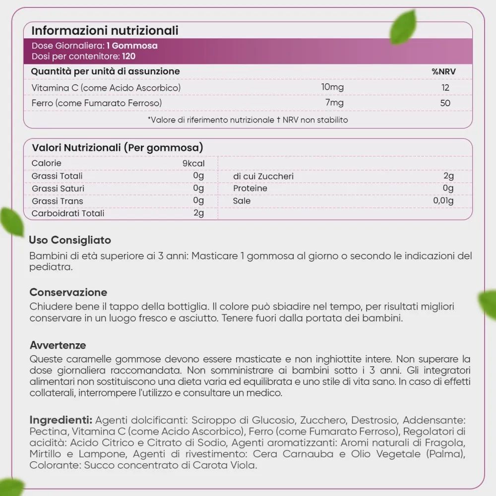 Tabella nutrizionale. 1 caramella gommosa: 10mg Vitamina C, 7mg Ferro. Ingredienti: sciroppo di glucosio, zucchero, ecc. Istruzioni per l'uso.