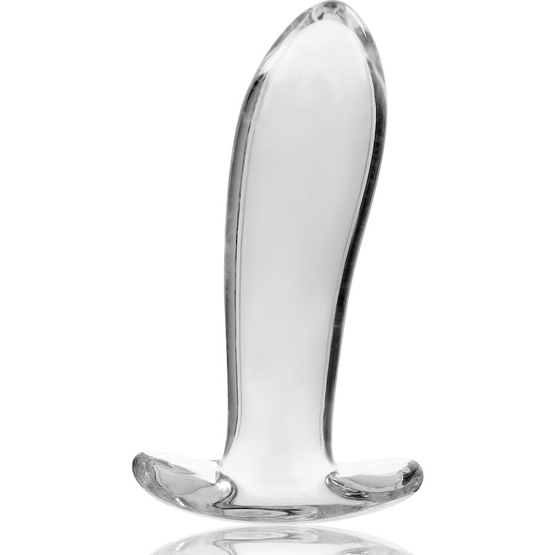 Plug anale in vetro trasparente con base larga, su sfondo bianco.