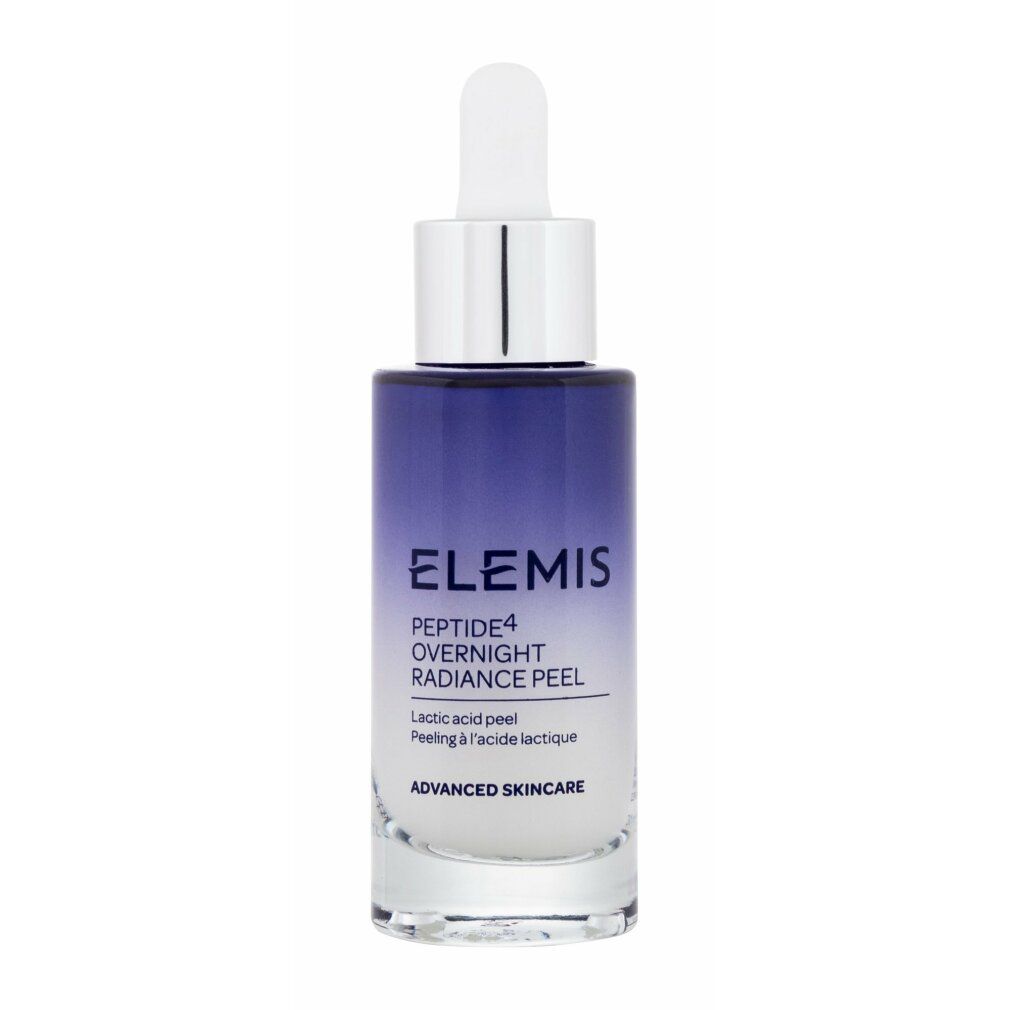 Flacone sfumato blu e bianco. Tappo argentato con pipetta. Testo: Elemis Peptide4 Overnight Radiance Peel.