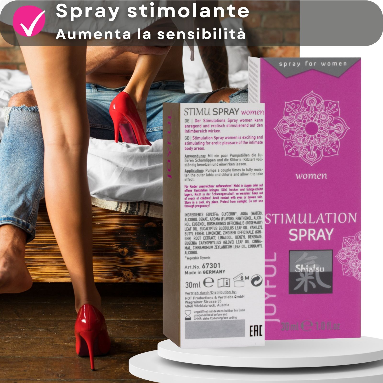 Confezione e flacone. Testo: Stimulation Spray, Shiatsu. Coppia sullo sfondo. Scarpe rosse.