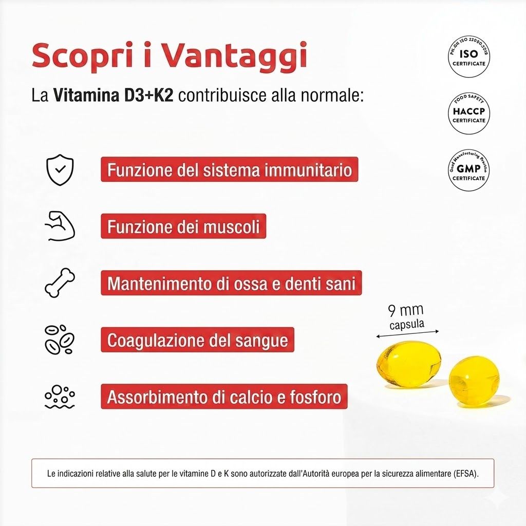 Bio Medical Pharma Vitamina D3+K2: Supporta sistema immunitario, muscoli, ossa, denti, coagulazione, assorbimento calcio/fosforo.