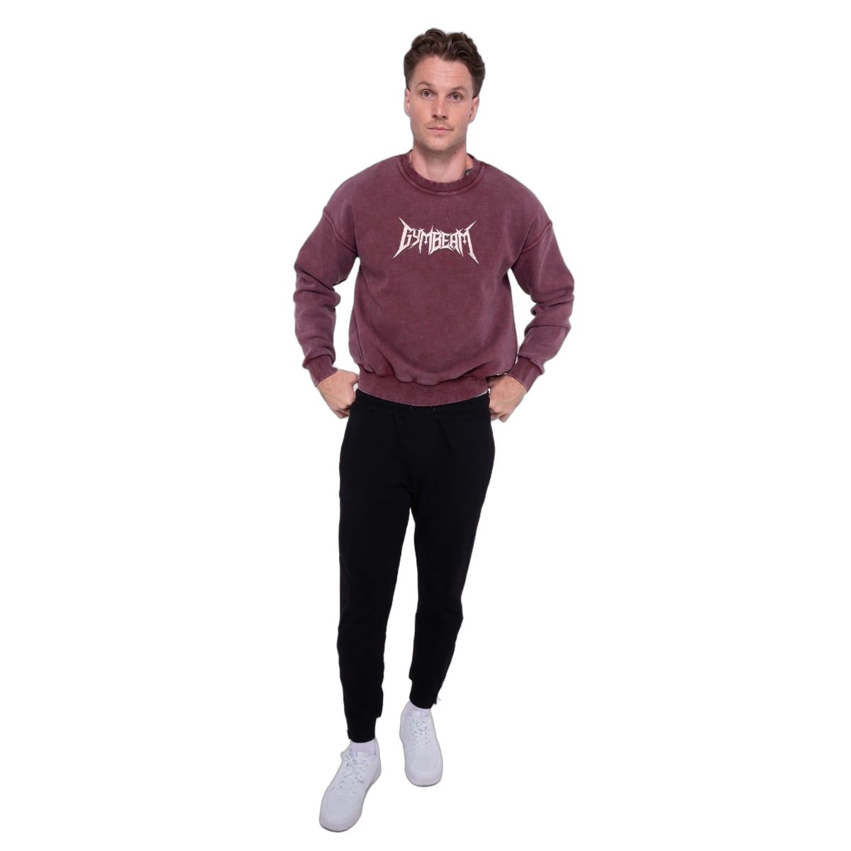 GymBeam Felpa uomo oversize girocollo Spike burgundy senza cappuccio