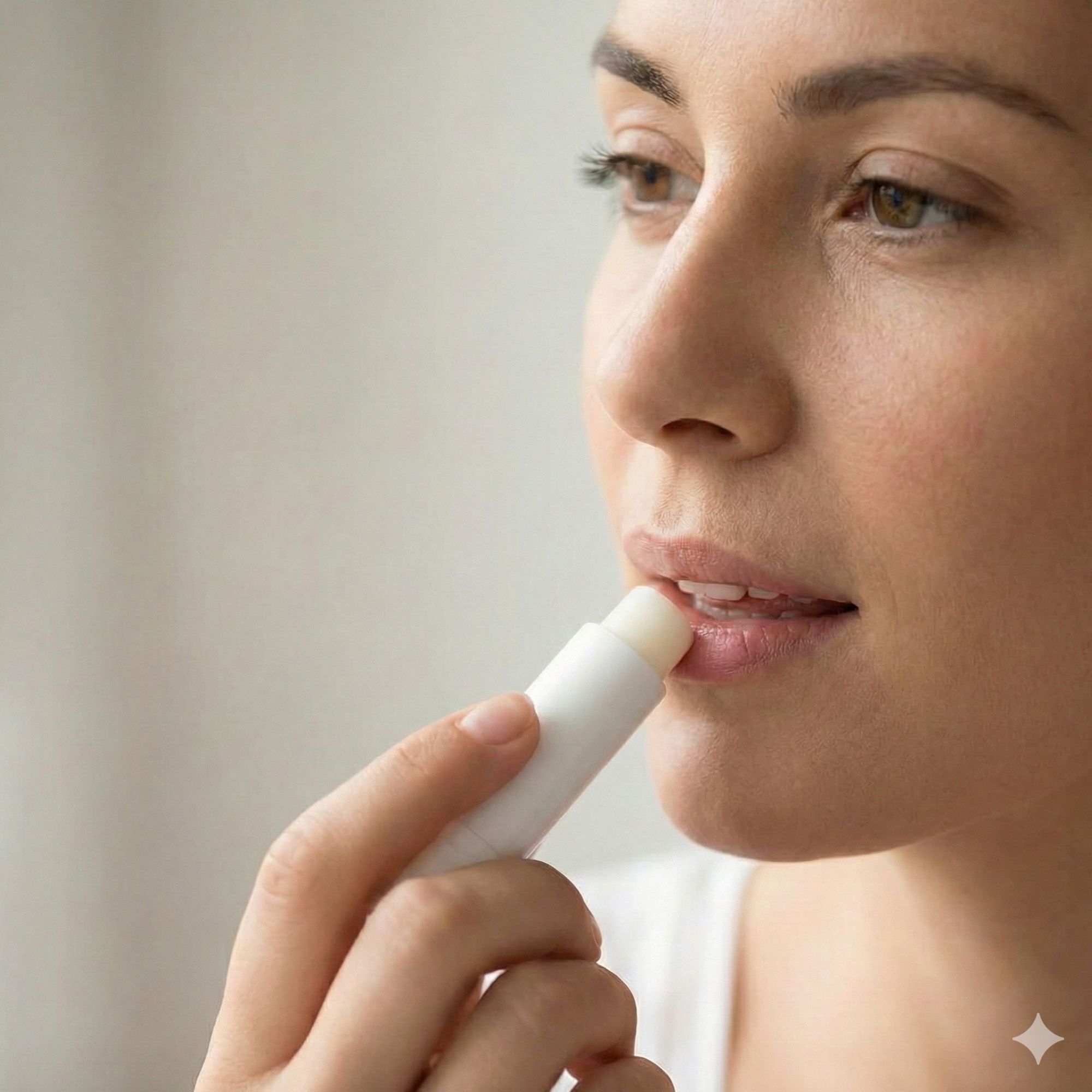 Primo piano di una donna che applica uno stick di balsamo per labbra bianco sulle labbra.