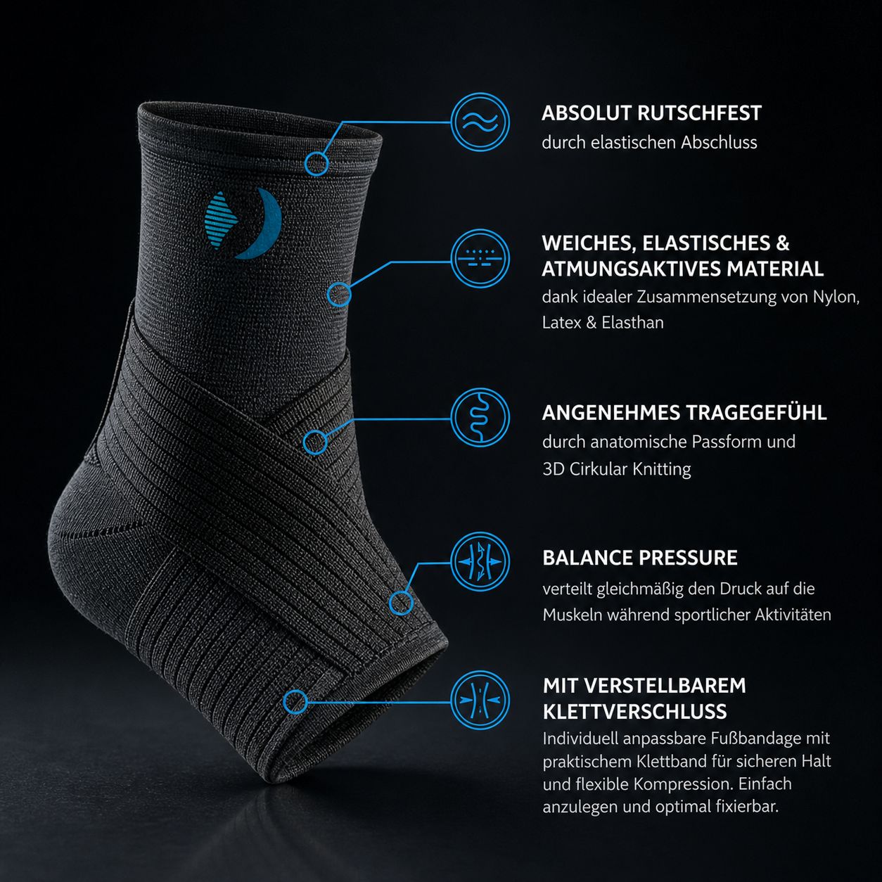 Tutore per caviglia nero con segni blu. Testo: Antiscivolo, traspirante, confortevole, equilibrio, chiusura in velcro.