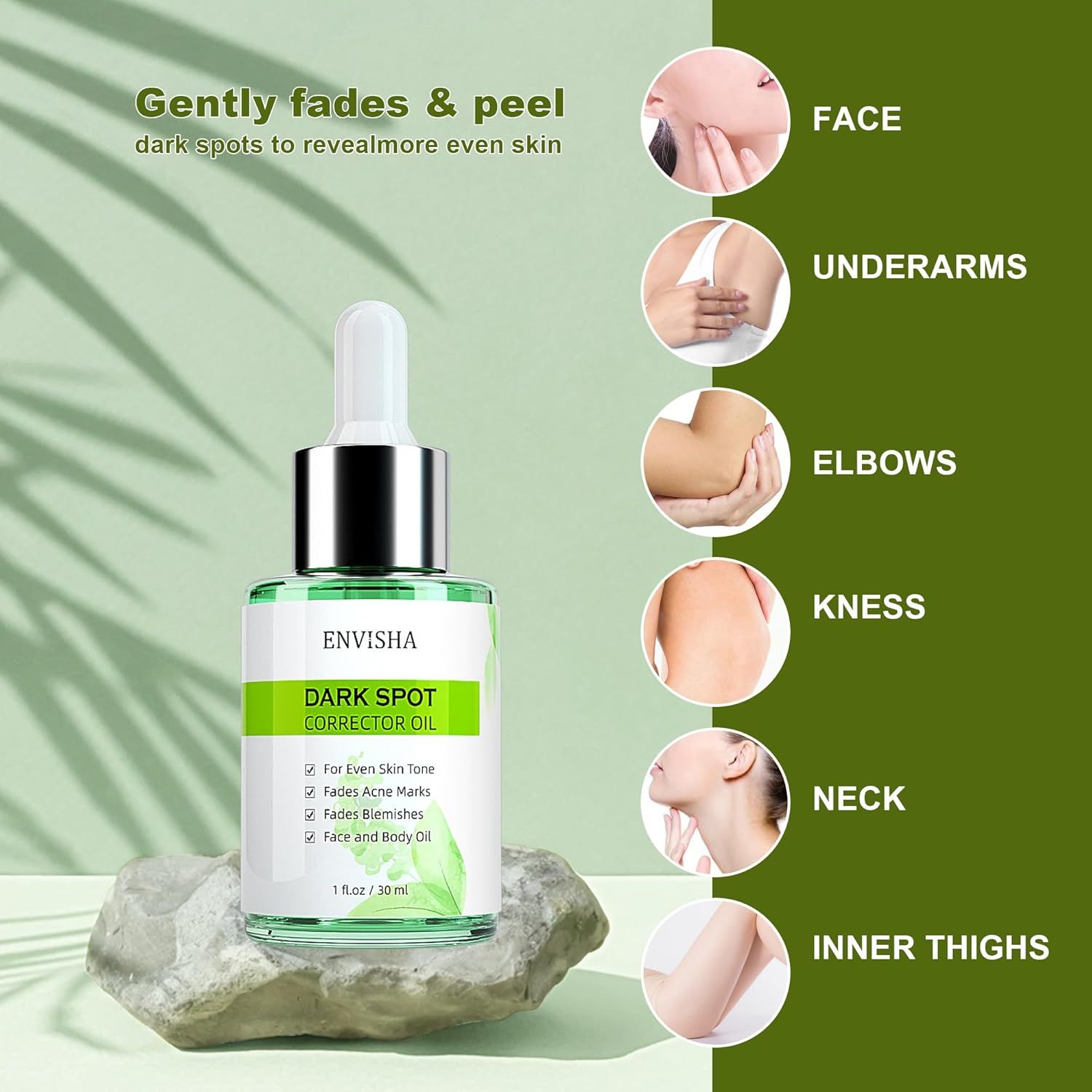 Flacone di vetro verde con contagocce. ENVISHA Dark Spot Corrector Oil. Aree: viso, ascelle, gomiti, ginocchia, collo, cosce.
