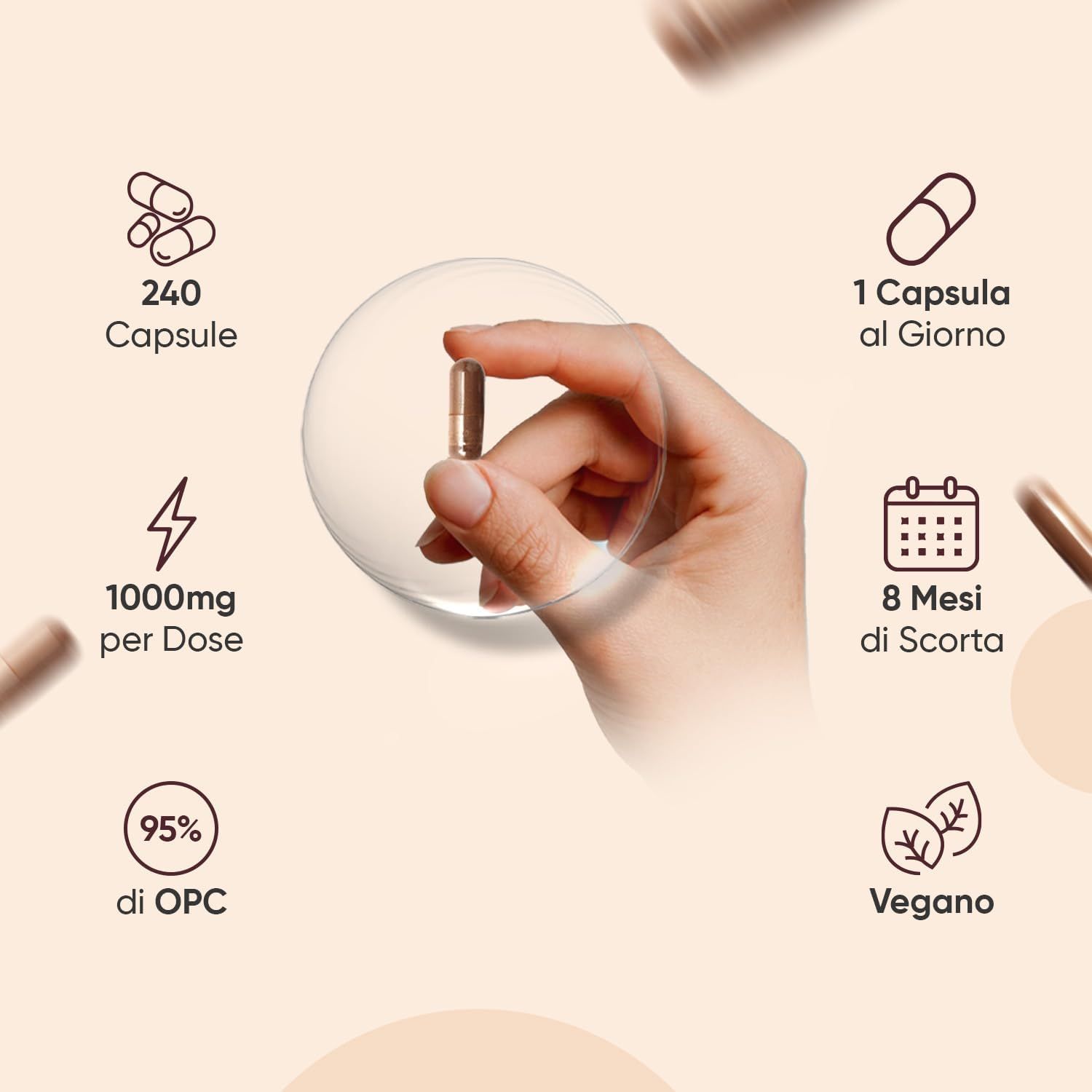 Grafico con capsule e testo: 240 capsule, 1000mg per dose, 95% OPC, vegano, 8 mesi di scorta, 1 capsula al giorno.