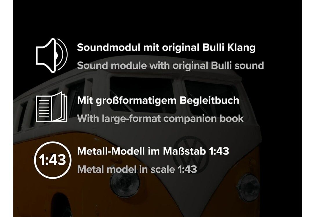 Primo piano VW Bulli. Testo: modulo sonoro, libro di accompagnamento, modello in metallo in scala 1:43. Sfondo nero.