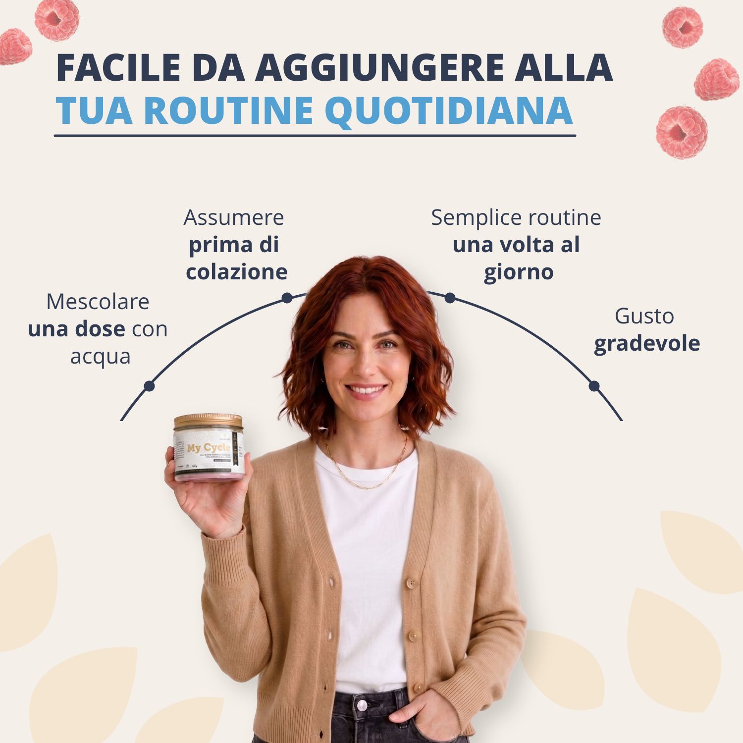 Una donna tiene un contenitore in vetro con polvere rosa, accanto alle istruzioni per l'uso.