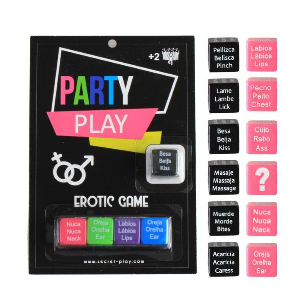 Gioco con dadi. Confezione nera con scritta "PARTY PLAY". Dadi colorati con testo. Indirizzo web: secret-play.com.