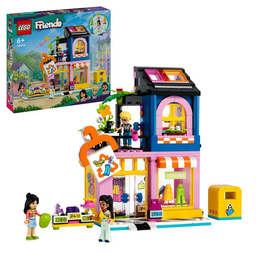 LEGO Friends 42614. Set con edificio, personaggi e accessori. Confezione sullo sfondo. Edificio a due piani e personaggi.