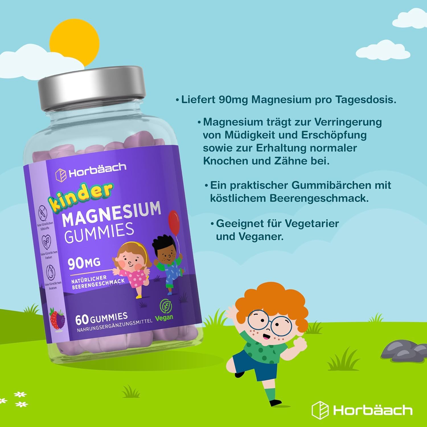 Flacone di Horbaach Kinder Magnesium Gummies. Testo: 90mg di magnesio per dose giornaliera. Adatto a vegetariani e vegani. Illustrazioni.