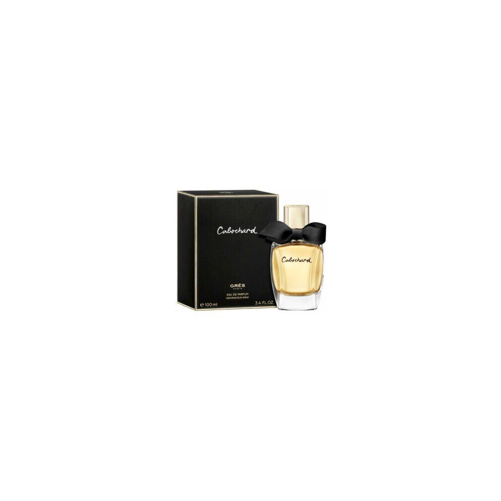Flacone di profumo e scatola. Flacone con fiocco, scatola nera con testo. Marchio: Cabochard.