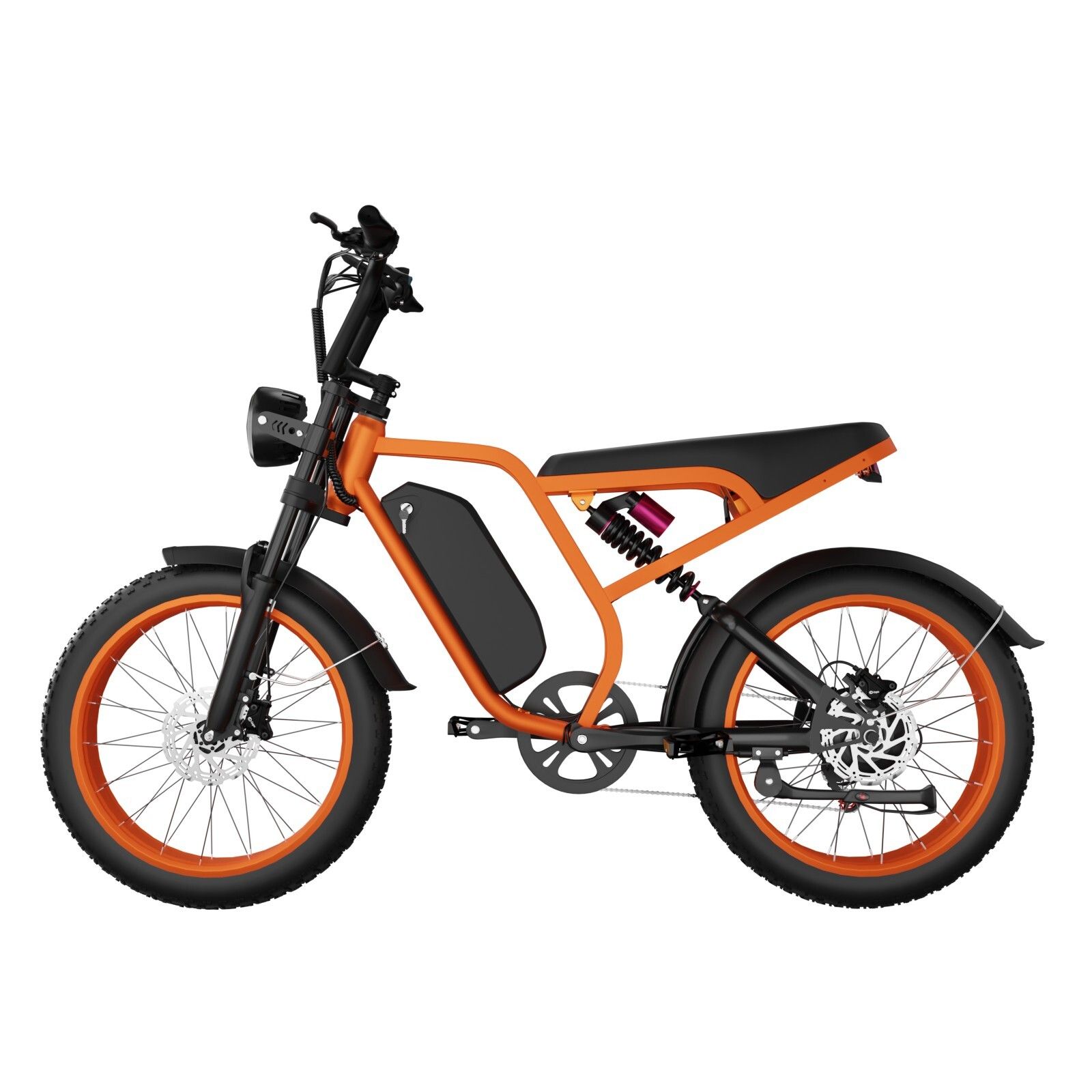E-bike fat arancione. Elementi neri: telaio, pneumatici, sella. Faro rotondo. Batteria sul telaio.