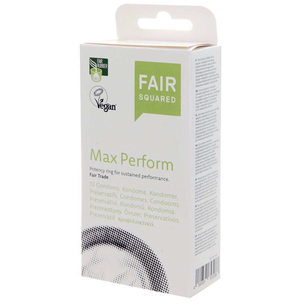 Confezione bianca con logo FAIR SQUARED e scritta "Max Perform". Loghi Vegan e Fair Rubber. Testo multilingue.