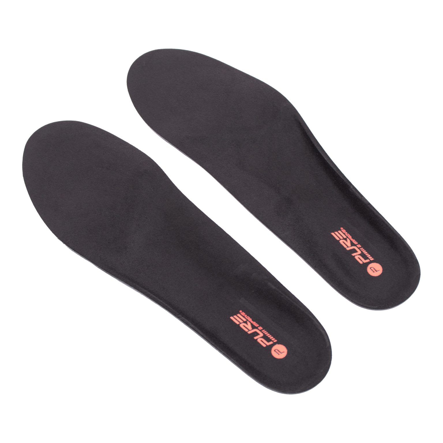 Due solette in gel nere. Le solette sono leggermente angolate. Il logo è visibile su ogni soletta.