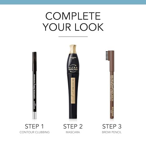 Eyeliner nero, mascara nero e matita per sopracciglia marrone con spazzolino.