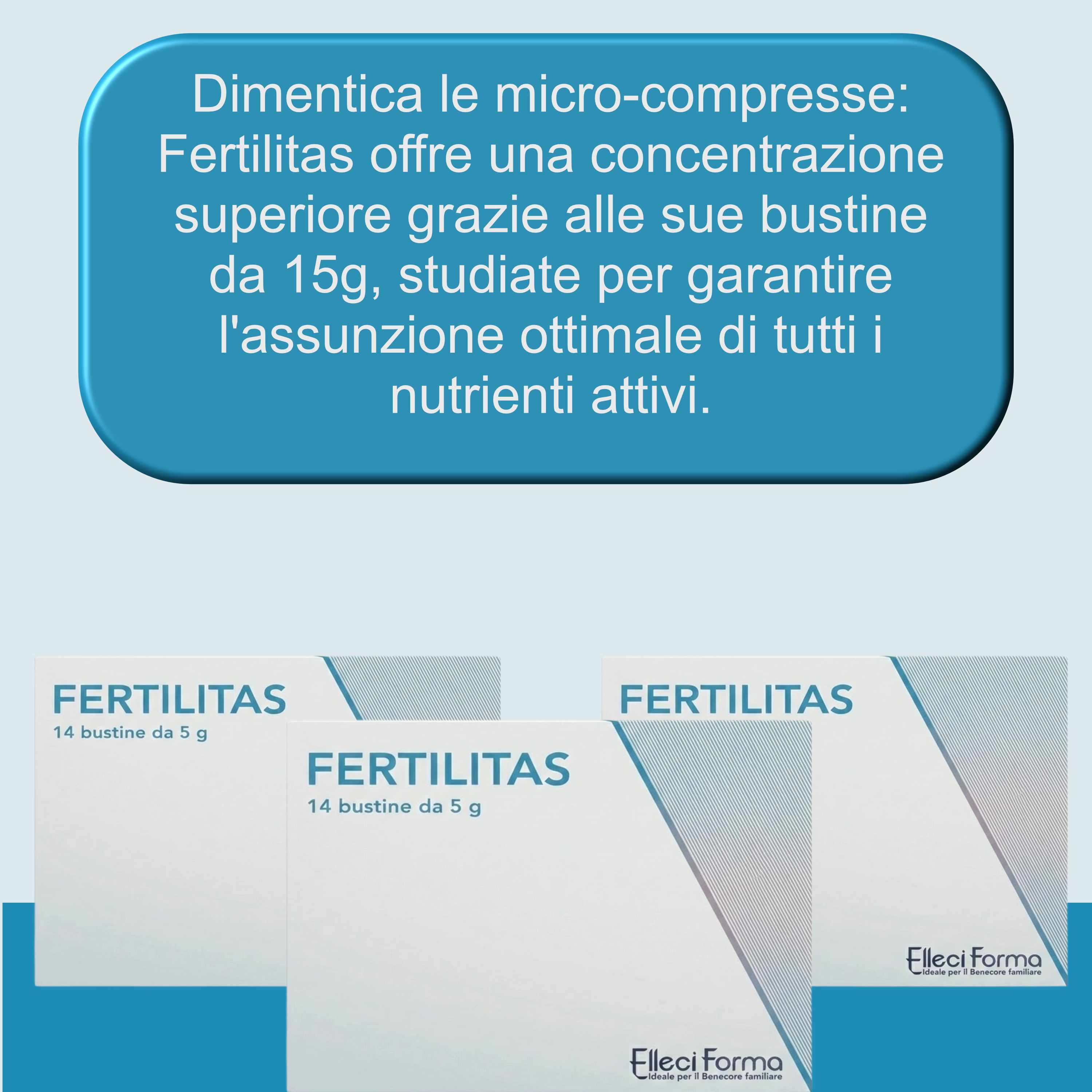 Tre scatole FERTILITAS con la scritta 14 bustine da 5 g. Testo: Elleci Farma. Sfondo blu.