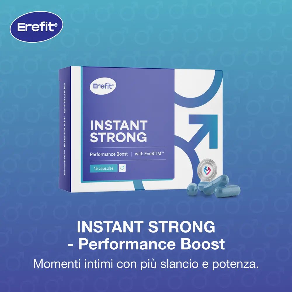 Confezione del prodotto con testo: INSTANT STRONG - Performance Boost. Capsule. Logo: Erefit. Momenti intimi con più slancio.