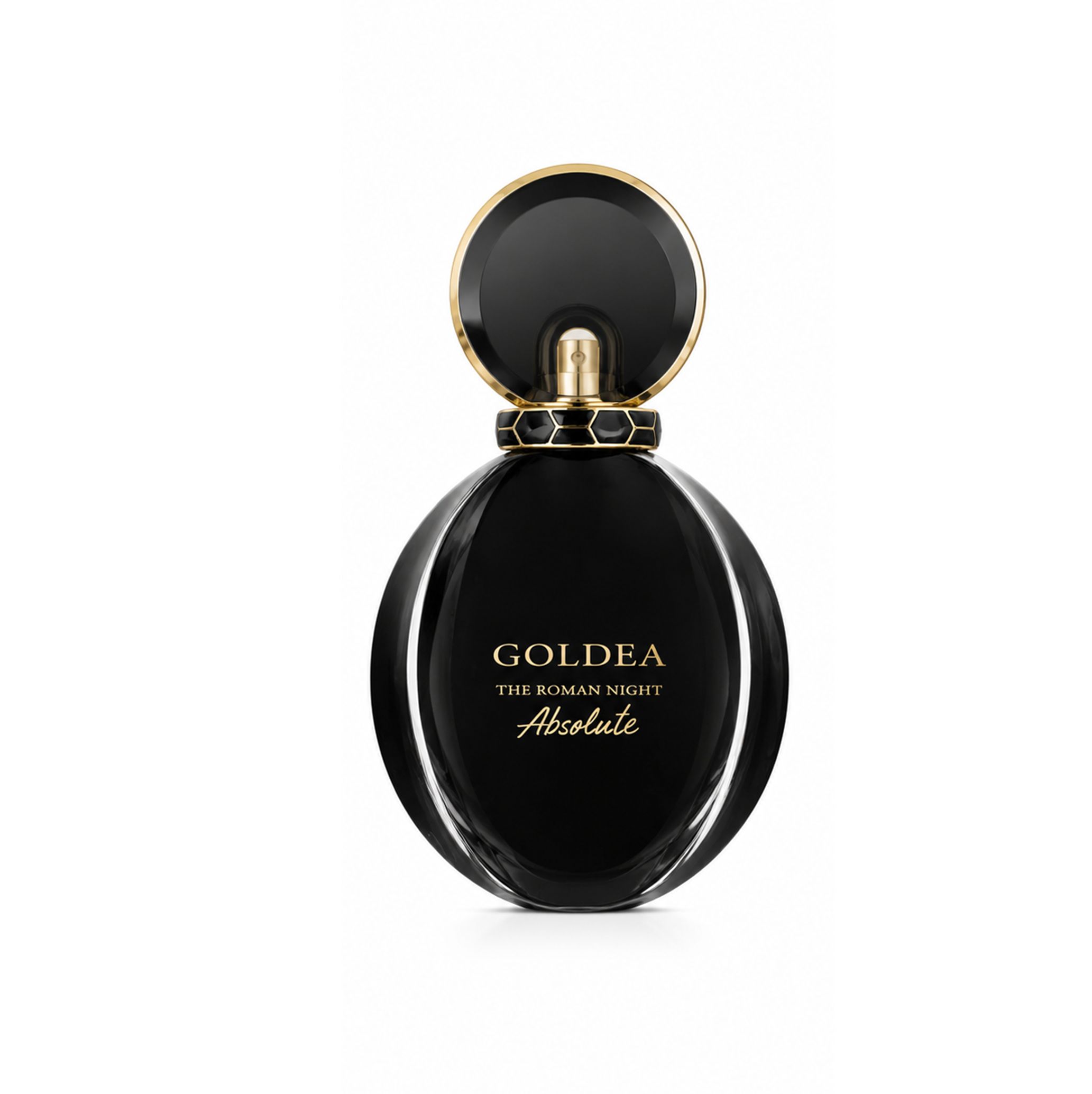 Flacone spray EDP Goldea The Roman Night Absolute nero con accento dorato.
