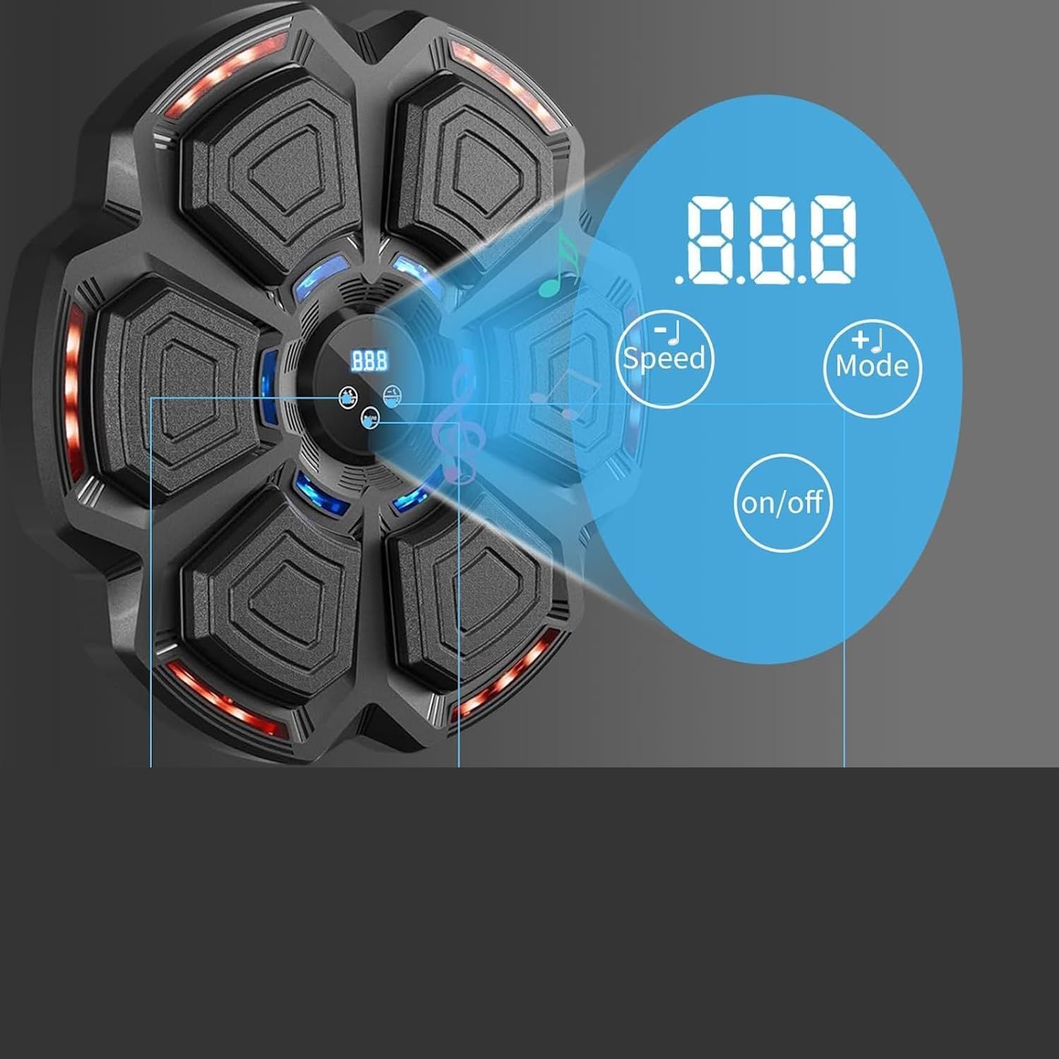 Dispositivo fitness rotondo nero con luci LED e display digitale. Mostra numeri e pulsanti di controllo.