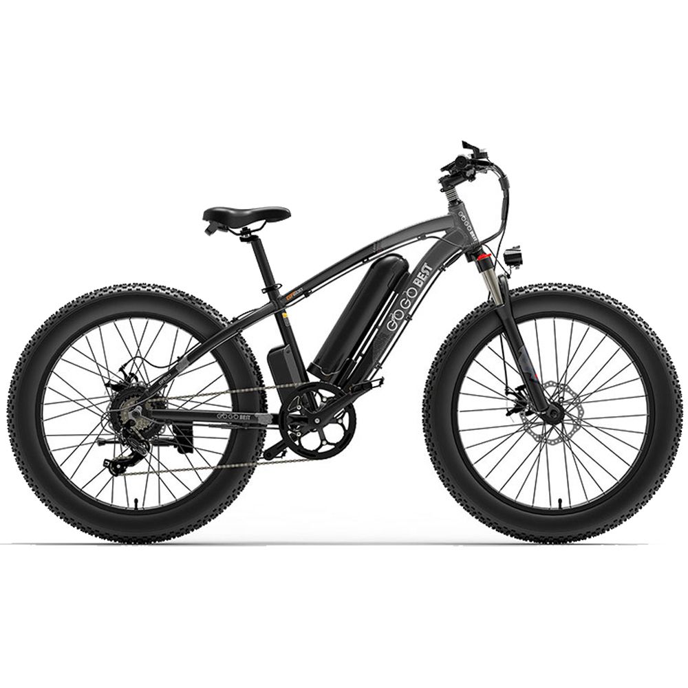 E-bike grigia con pneumatici larghi. Batteria sul telaio, marchio GOGOBEST visibile. Sella, manubrio e pedali neri.