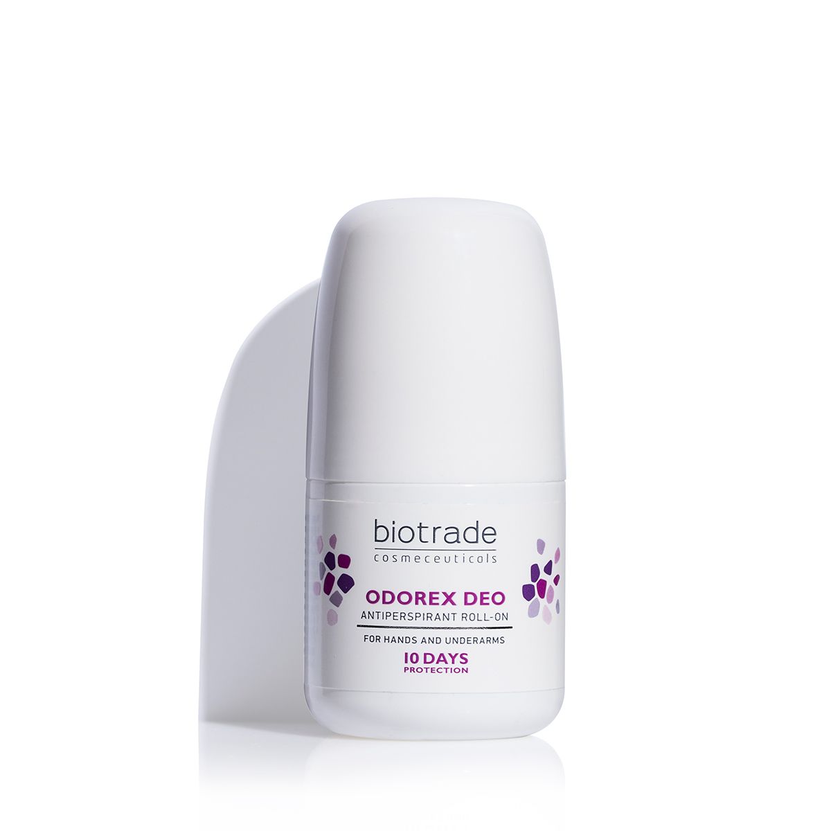 Roll-on bianco con dettagli viola. Testo: Biotrade, Odorex Deo, Antitraspirante Roll-On, 10 Days Protection.
