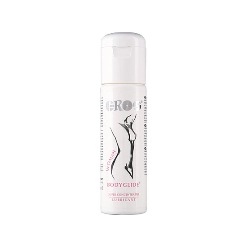 Flacone bianco con tappo a ribalta. Scritta EROS, BODYGLIDE, WOMAN, SUPER CONCENTRATED LUBRICANT. Figura femminile.