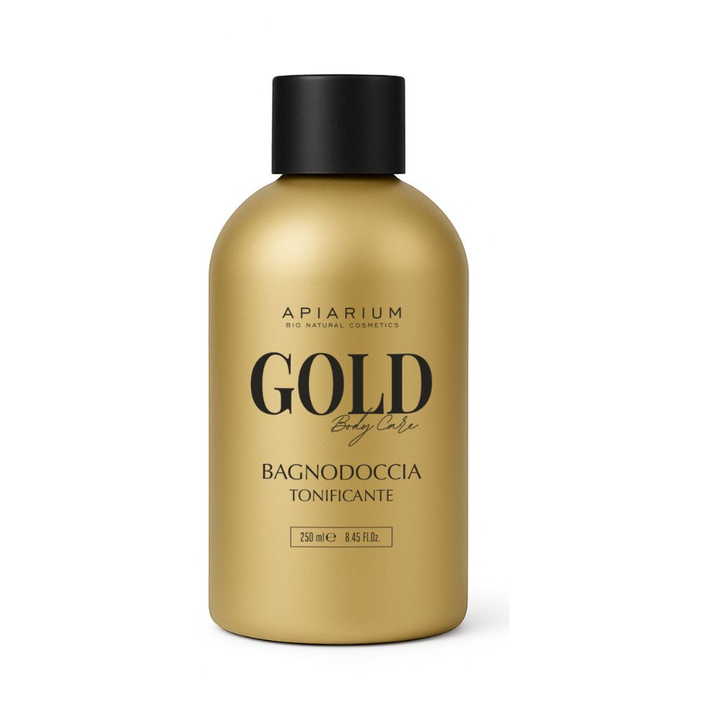 Flacone dorato con tappo nero. Scritta: GOLD Body Care, Bagnodoccia Tonificante. 250 ml.