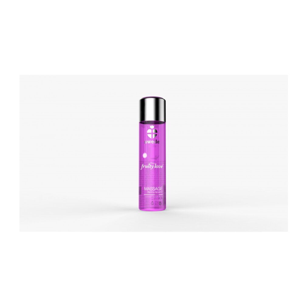 Flacone viola con tappo argentato. Testo: Swede, fruity love, Massage. Scritta: Warming Sensation.