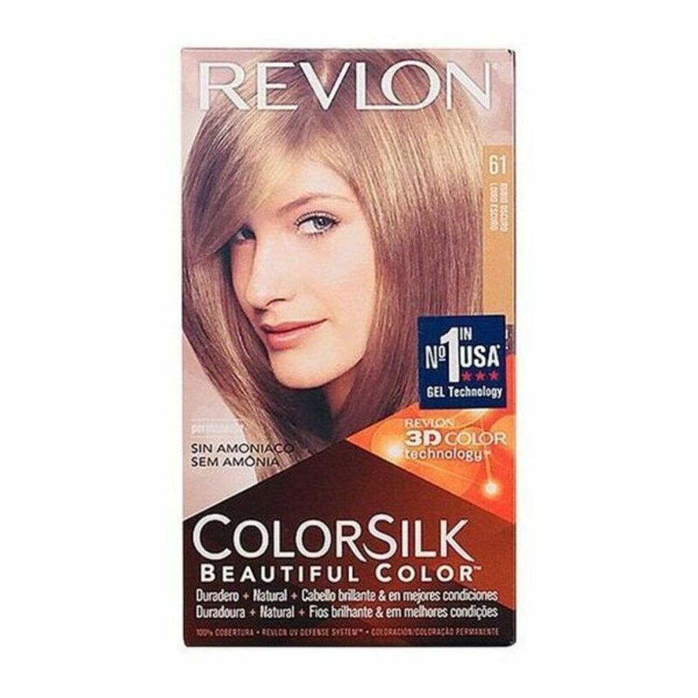 Confezione di tinta per capelli Revlon Colorsilk 61 Dark Blonde. Immagine di donna bionda. Testo: 3D Color Technology, senza ammoniaca.