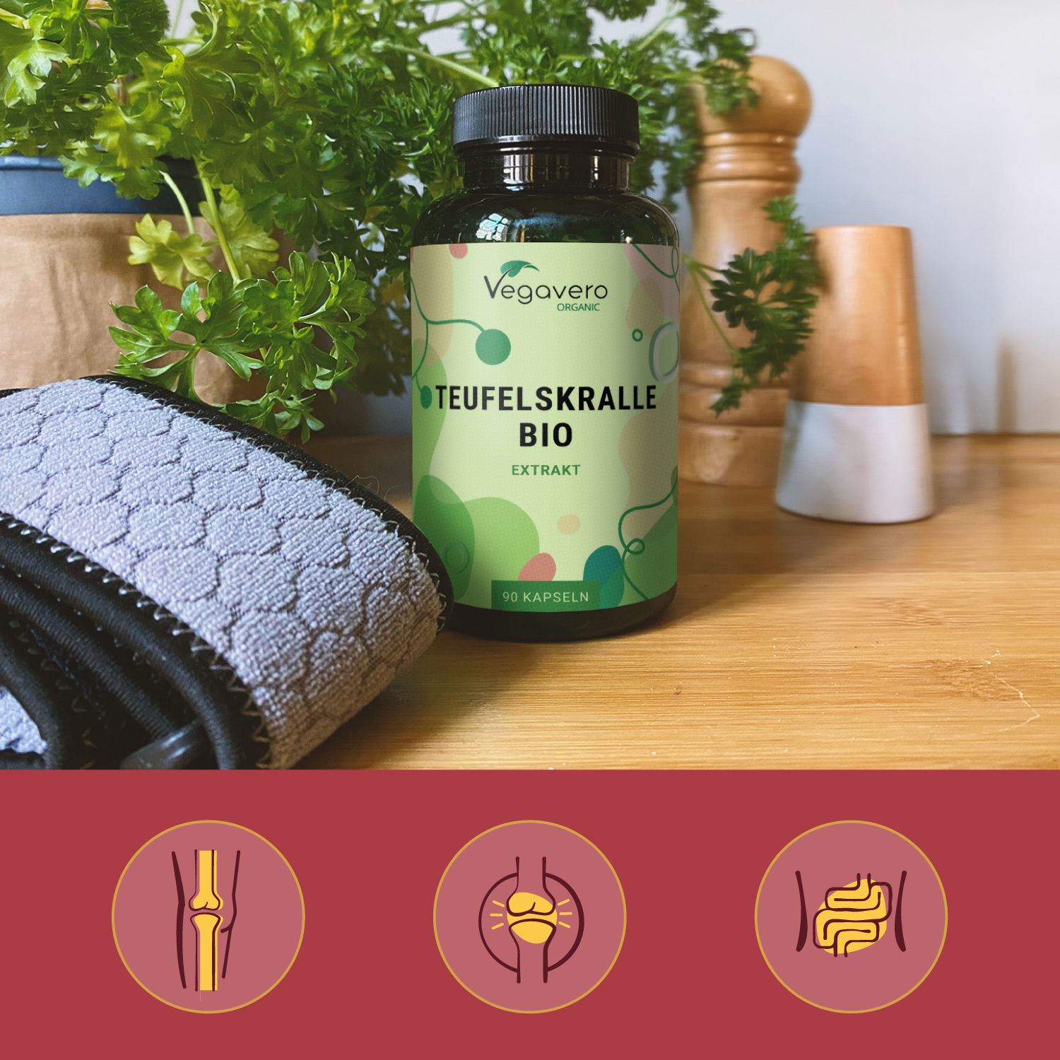 Bottiglia: Teufelskralle BIO Extrakt. Su legno, accanto a fascia sportiva ed erbe. 90 capsule.