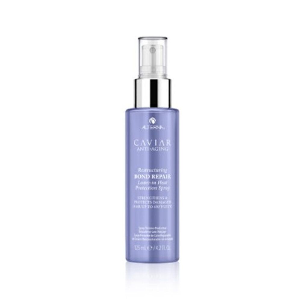 Flacone lilla con vaporizzatore. Scritta: Caviar Anti-Aging, Restructuring Bond Repair Leave-in Heat Protection Spray. 125 ml.