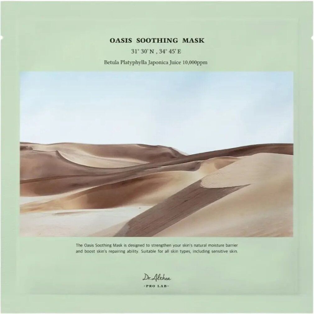 DR.ALTHEA Oasis Soothing Mask bustina singola verde chiaro con immagine deserto e testo.