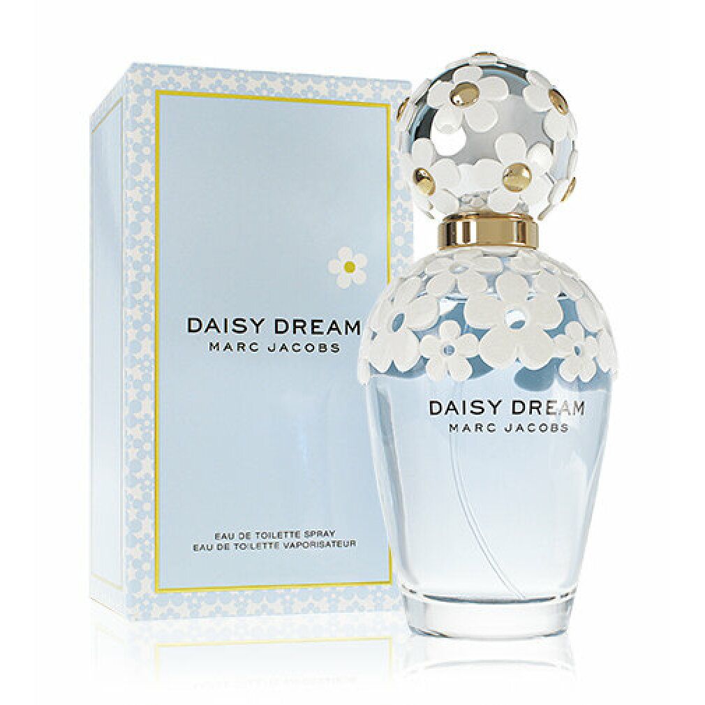 Flacone di profumo e confezione. Scritta: DAISY DREAM MARC JACOBS. Confezione: azzurra con motivo floreale.